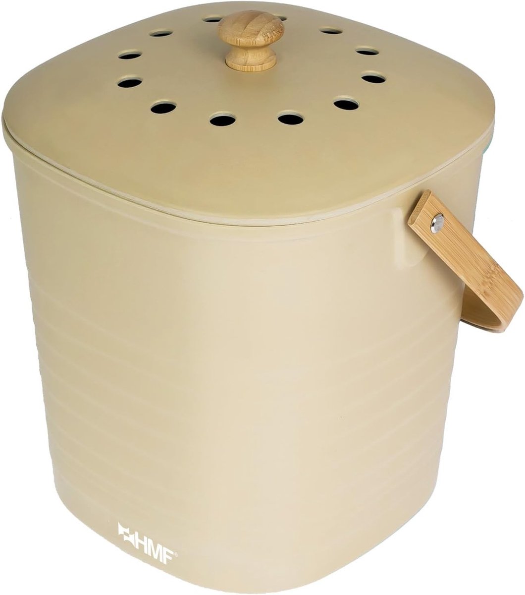 Duurzame Organische Afvalemmer voor de Keuken, Geurvrije Compostbak met Deksel, 6 Liter, Beige, Milieuvriendelijk en Praktisch
