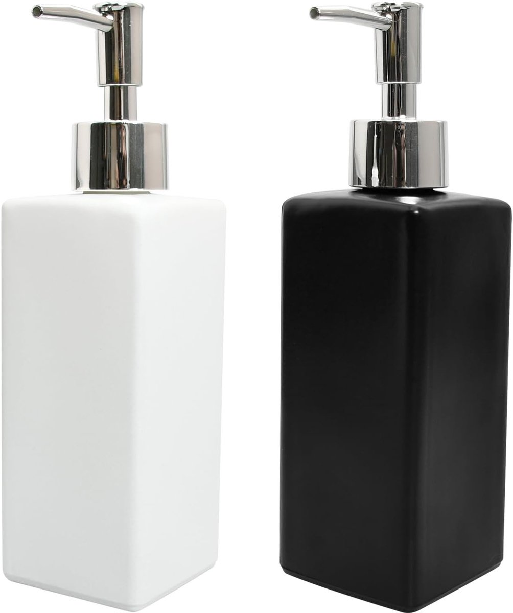 Set van 2 vierkante glazen zeepdispensers, 350ml, vrijstaand, navulbaar, ideaal voor badkamer en keuken, stijlvolle zeepdispenser