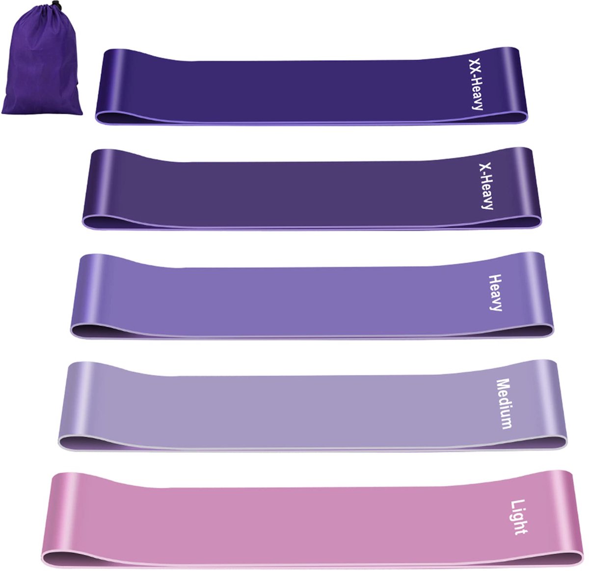 fitnessband, elastiek voor sport, krachttraining, met 5 weerstandsniveaus, duurzaam materiaal, weerstandsbanden voor krachttraining, fitnessstudio, pilates, yoga, opbergtas inbegrepen