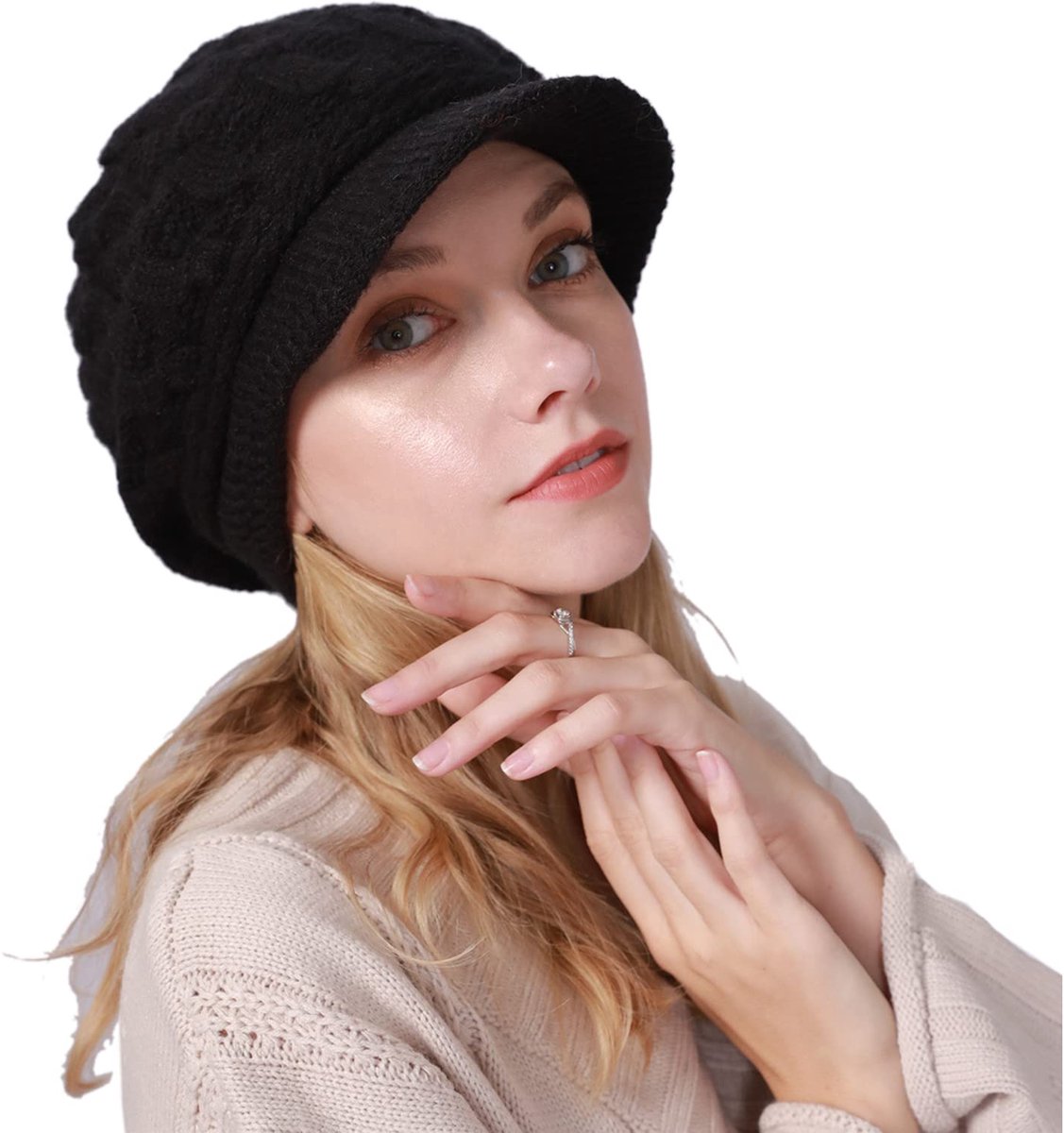 Wollen muts warme barkmuts geribbelde pet dames wintermuts beanie paraplu viosr beanie, zwart, 58 cm