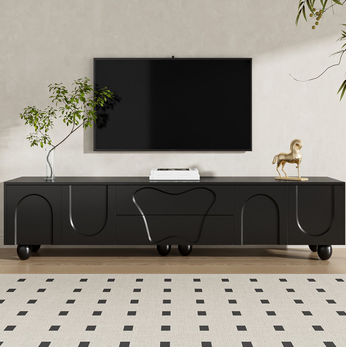 MEUNIQ TV-meubel 180 x 40 x 42 cm met lades en gesloten opbergruimte, mat zwart dressoir met houten poten voor woonkamer en tv-hoek