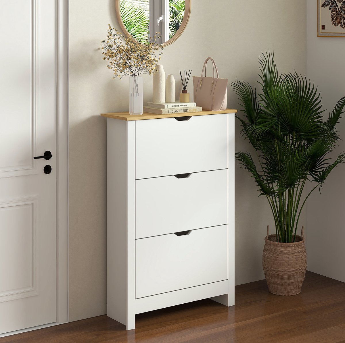 MEUNIQ Schoenenkast met 3 kleppen voor 18 paar schoenen, 72 x 26 x 112 cm, smalle schoenenopberger voor hal en entree, met bovenblad en kunststof poten, wit