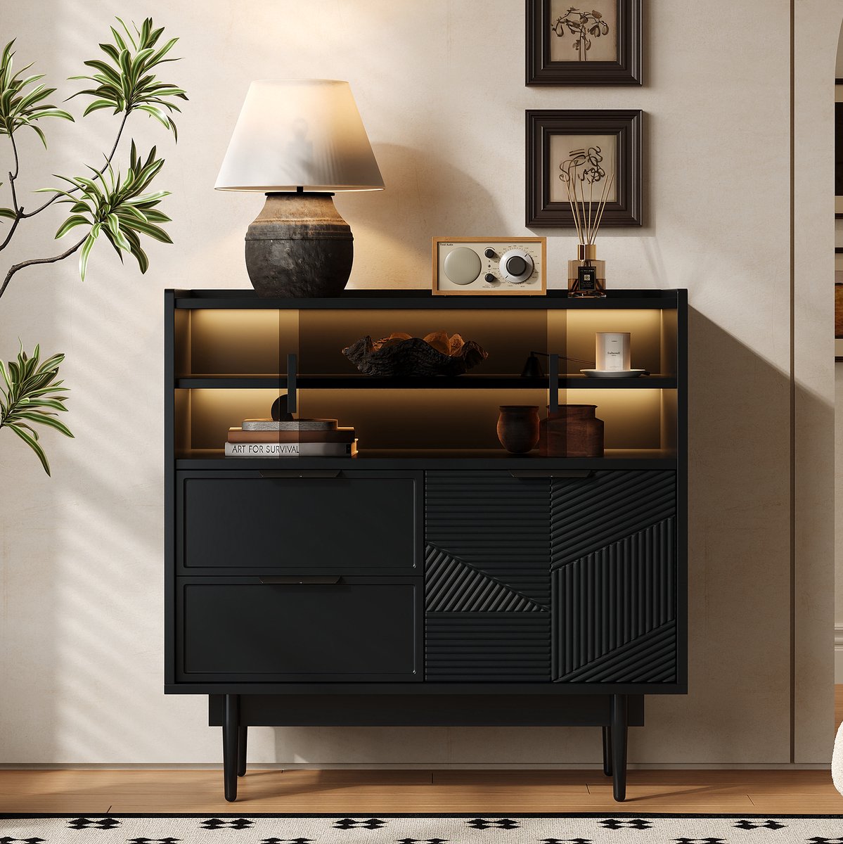 MEUNIQ dressoir en opbergkast 80 x 35 x 80 cm met glazen schuifdeur, 2 lades, open vakken