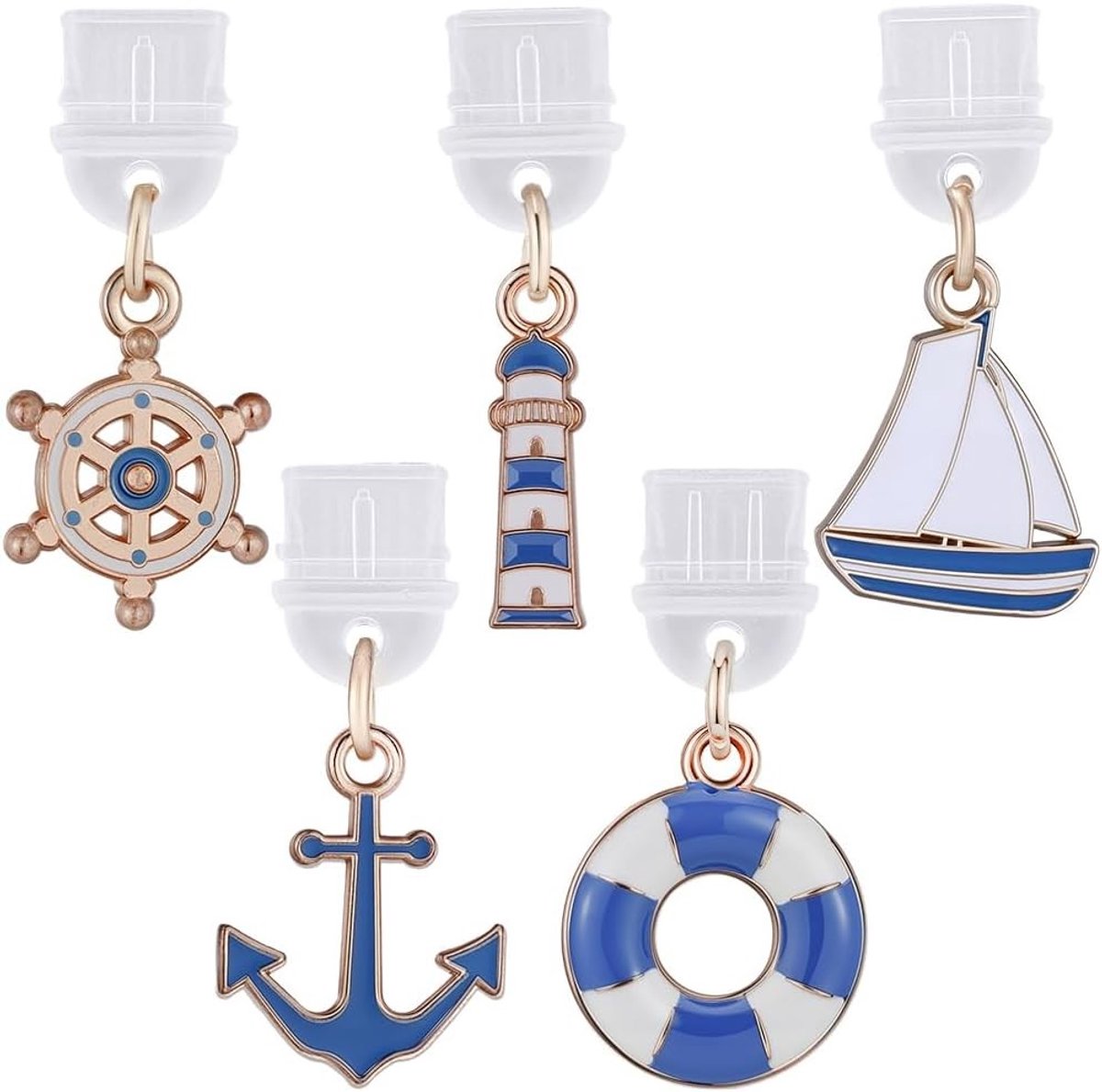 5 Stijlen Blauwe Stoffen Plug Charm Schattige Oplaadpoort Charms Emaille Metaal Boot Zeeman Ocean Sea Zomer Compatibel met Telefoon Oortelefoon E-Reader