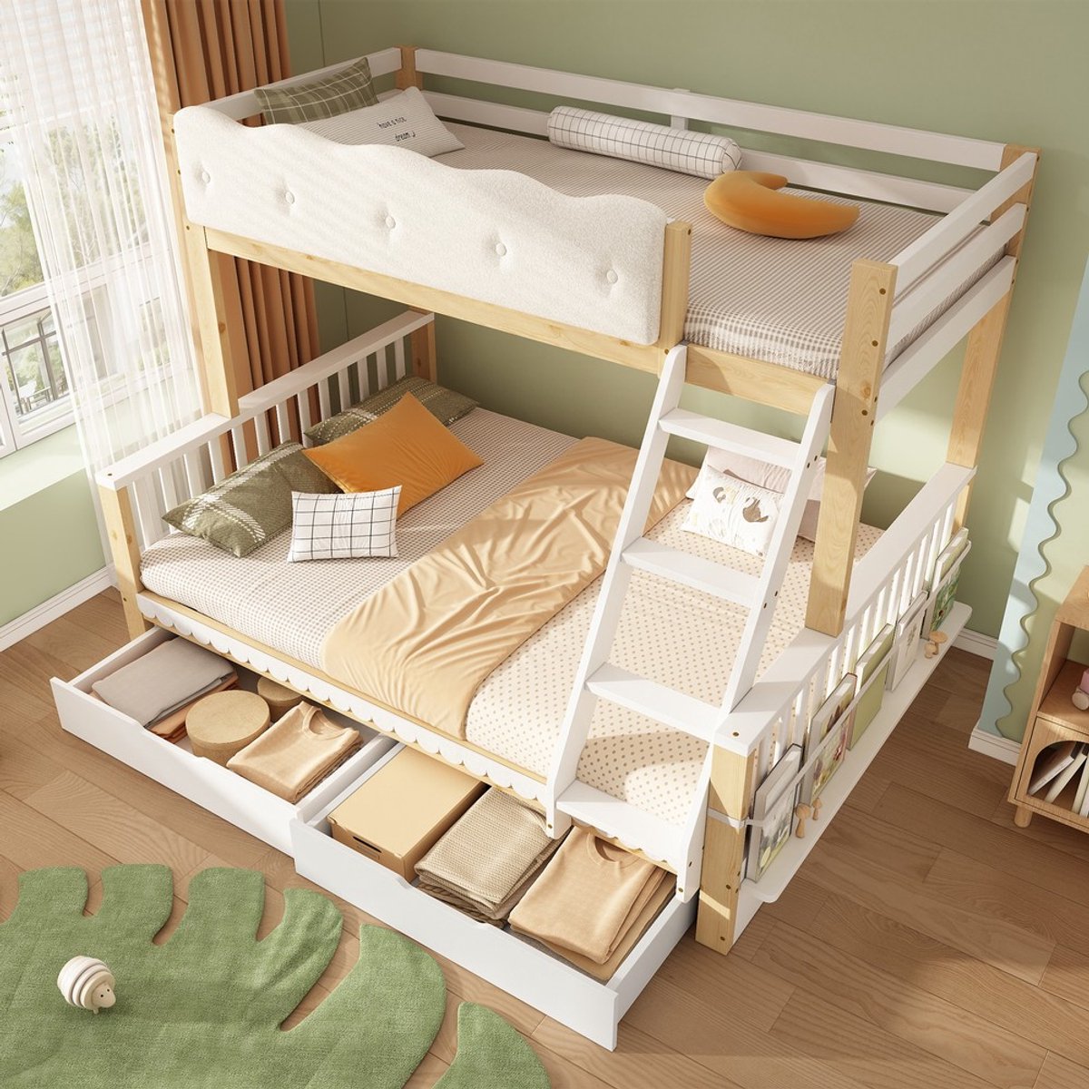KOMHTOM Stapelbed - 90x200/140x200 cm - Houten Kinderbed met Lades - Opbergruimte - Wolkenleuning - Tijdschriftenhouder - Wit & Eiken - Tweepersoonsbed - Gezinsbed - Jeugdbed - Zonder Matras
