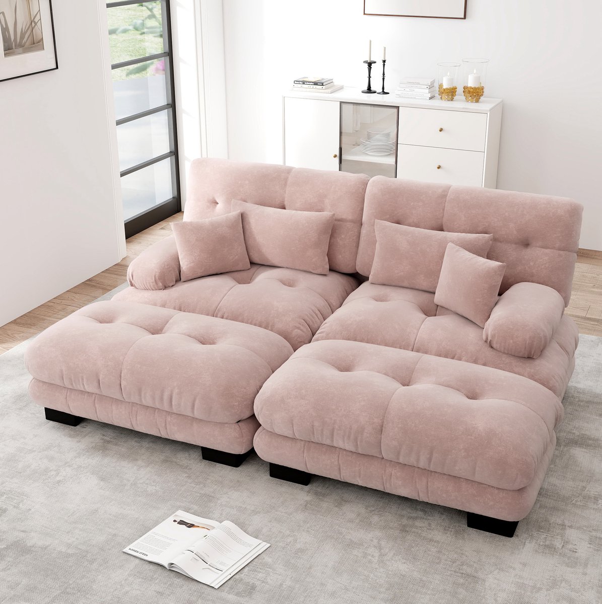 MIVRAY Hoekbank 220 x 145 cm - Modulair Cloud Design Met 2 Ottomans En 4 Kussens - Voor Wo