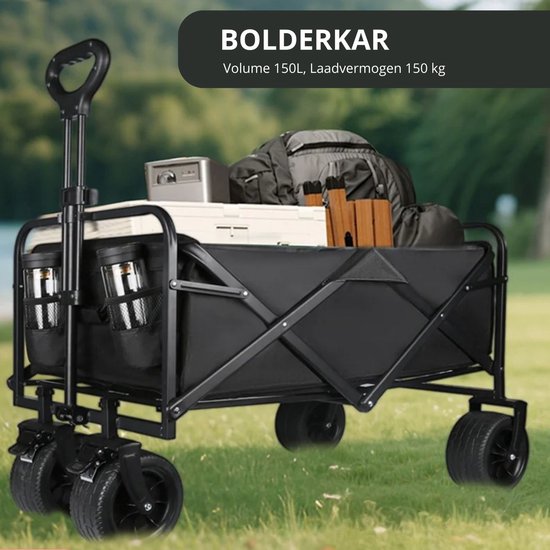Evaux Boutiqu Bolderkar - Opvouwbaar - 150L - Transportwagen met verstelbare handgreep, robuuste stevige wielen, Inklapbare tuinwagen - Bolderkar voor strand, boodschappen en buiten - 90 x 47 x 96 cm - Zwart — afbeelding 2