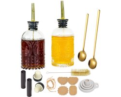 Dailygoods - Oudizz Set van 2 olijfolie-dispensers voor de keuken - 200 ml heldere glazen olie- en azijn-dispenserset met schenktuiten, flesdop, lepel, borstels, trechter en etiketten