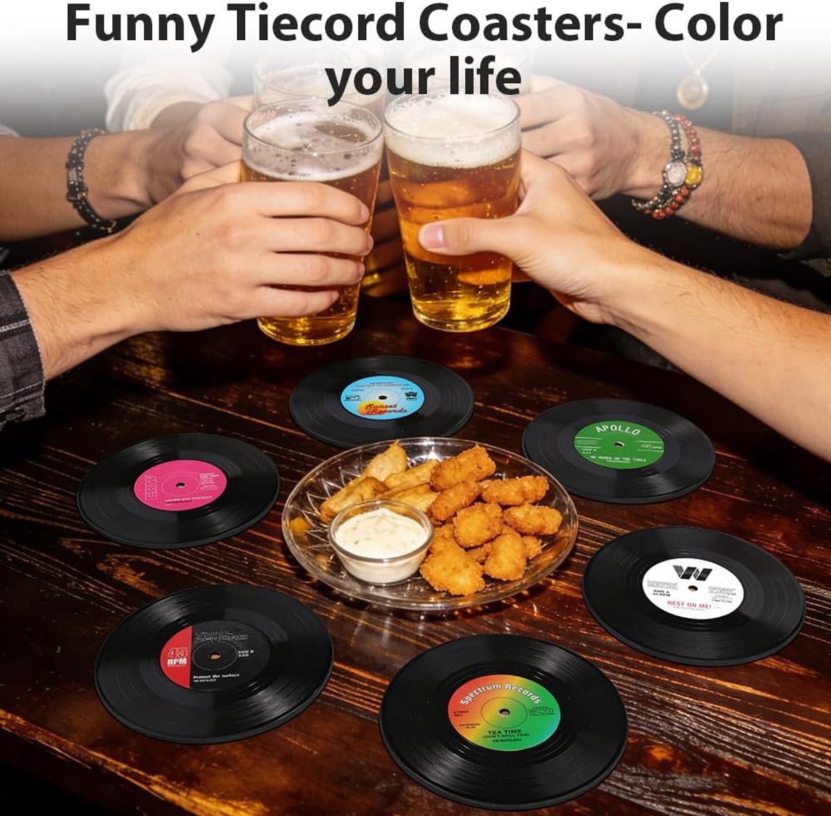 Thijox - Set van 6 Retro Vinyl Glazen Onderzetters met Creatieve Houder, Antislip en Geïsoleerd, Ideaal voor Kopjes, Mokken, Glazen, Feesten, Bar, Caf
