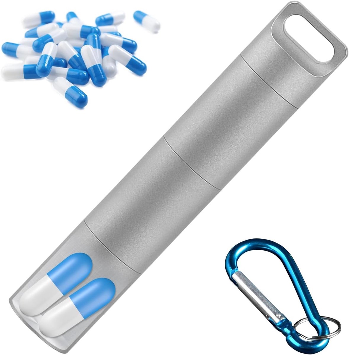 Compacte pillendoos sleutelhanger, 90mm, met veiligheidsslot, waterdicht en ideaal voor reizen en outdoor activiteiten