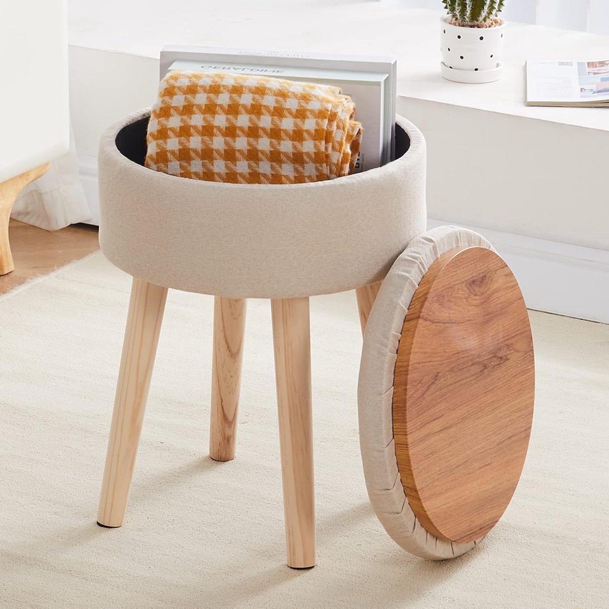 Opbergkruk - Voetenbankje Poef - Multifunctioneel Gebruik - 3-in-1 Ontwerp - 93qt Opslag - Beige