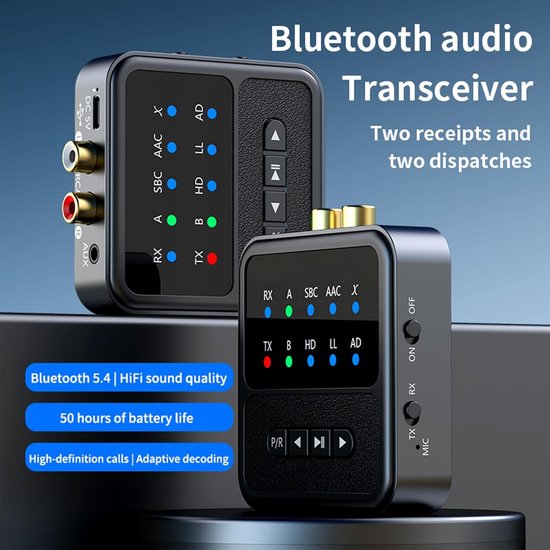 Bluetooth 5.4 zender en ontvanger Geschikt voor tv's en home audiosystemen, een 2-in-1 draadloze audioadapter met een 3,5 mm AUX RCA-adapter, die aptX LL/HD/AD dual pairing ondersteunt. — afbeelding 3