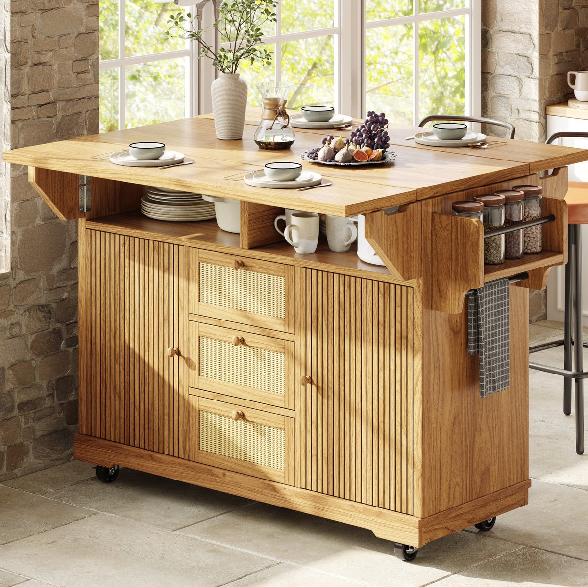 MIVRAY Keukeneiland - Uitklapbare Keukentrolley Met 95 Cm Werkhoogte En Opbergruimte - Voor Keuken Balkon En Camping - Naturel MDF - 142,5x80x95 Cm