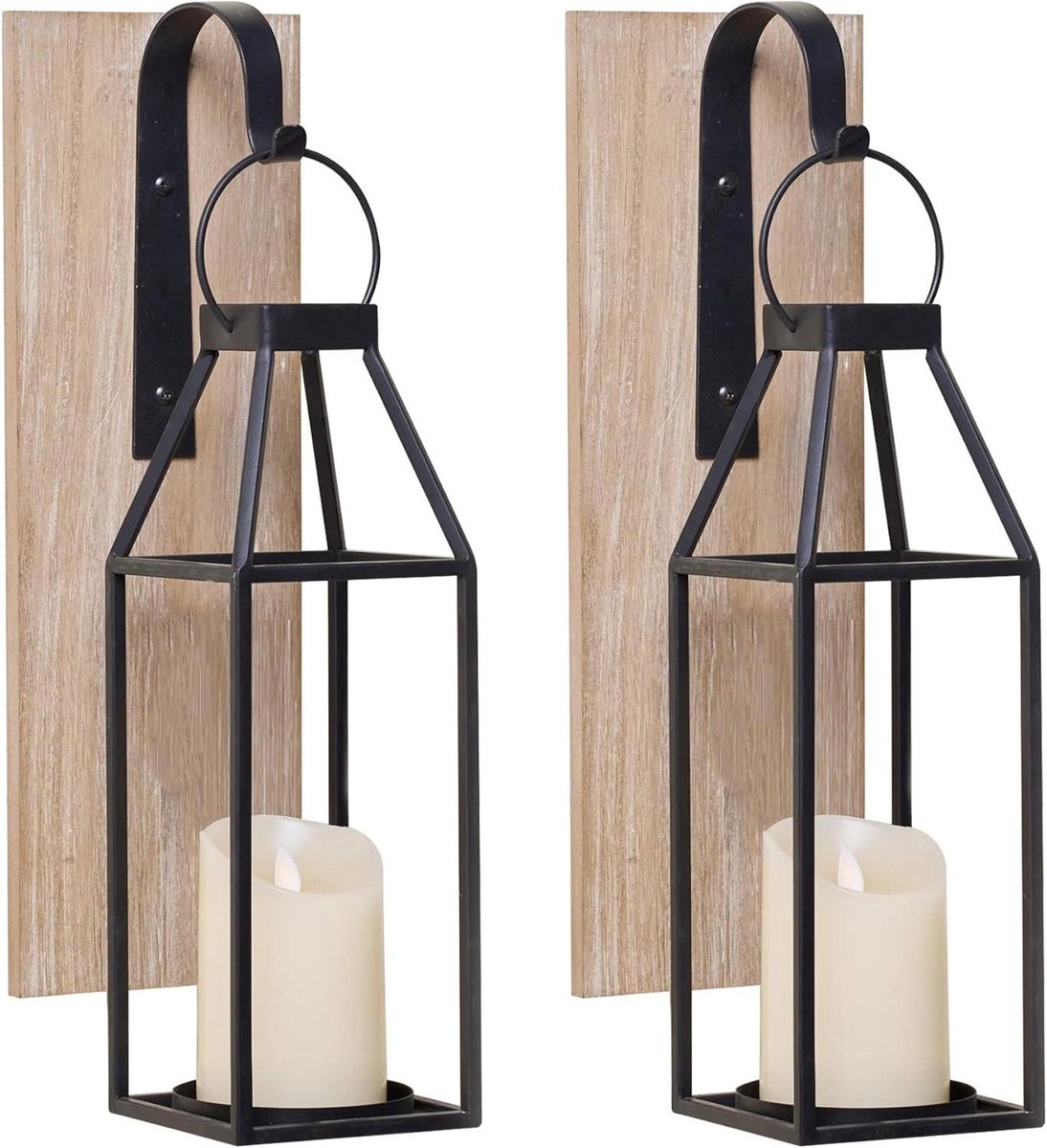 Rustieke Houten Lantaarn - Wandkandelaar - Sfeer Creëren - Stevig Metaal Frame - 43 cm Hoog - Bruin Zwart