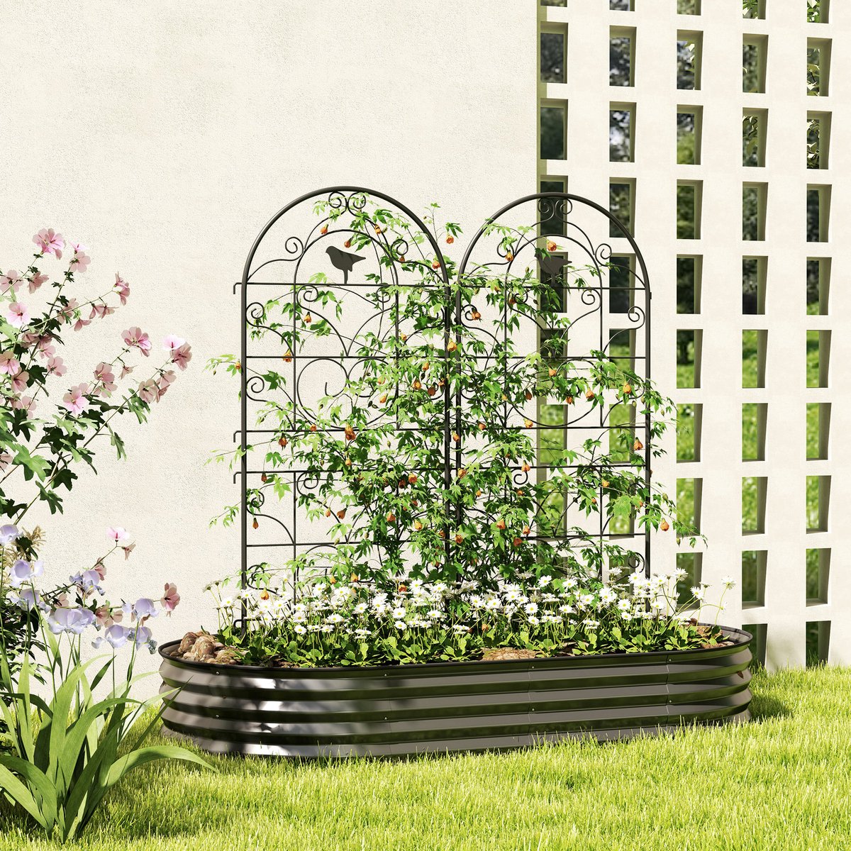 MEUNIQ plantenklimrek metaal 2-delige set 50 x 120 cm plantensteun met vogelmotief voor klimplanten, bloemen en tomaten, tuin rankrek zwart