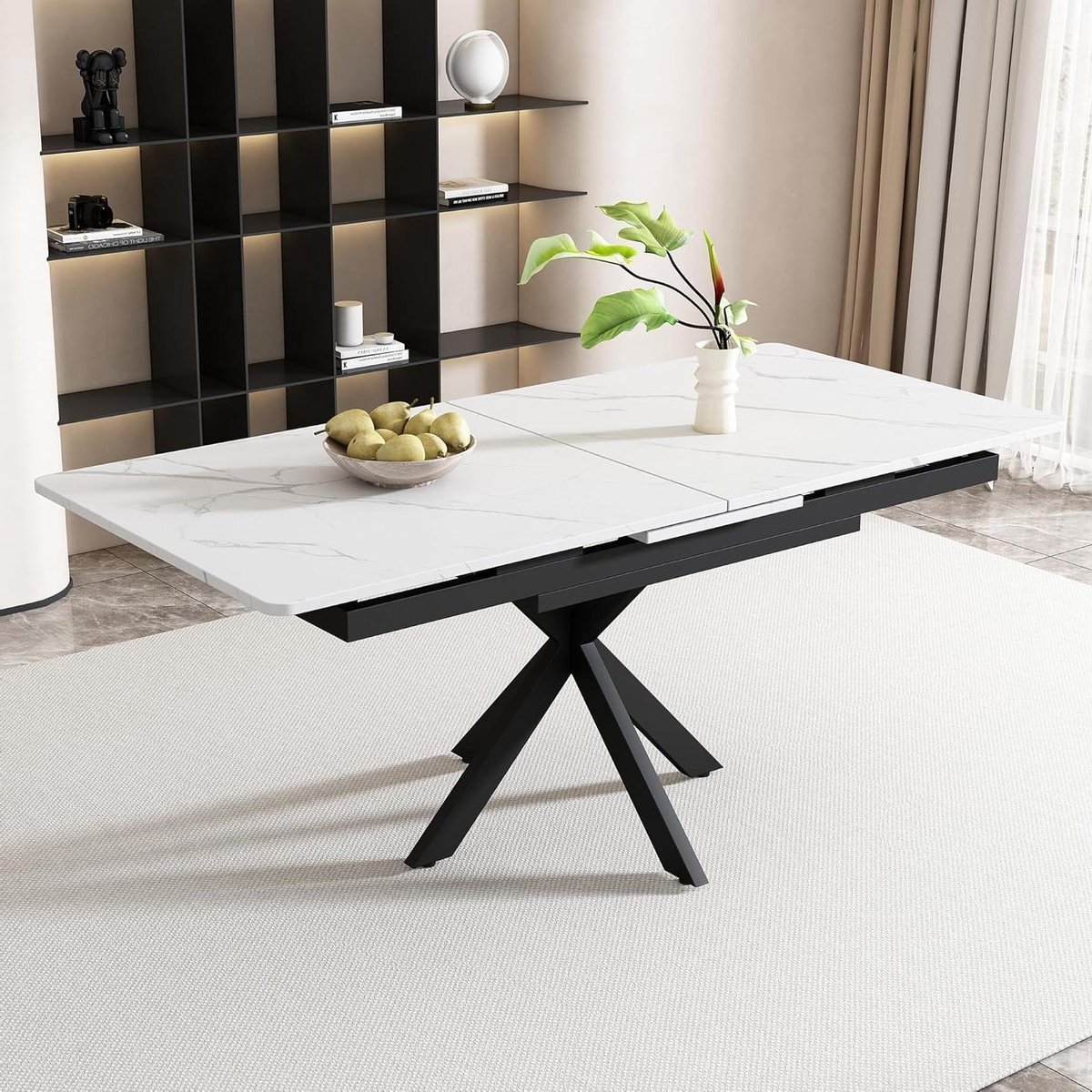 Eettafel Uitschuifbaar - Vergader tafel - Gezellig dineren - Uniek kruispoot ontwerp - 180 cm breed - Zwart wit