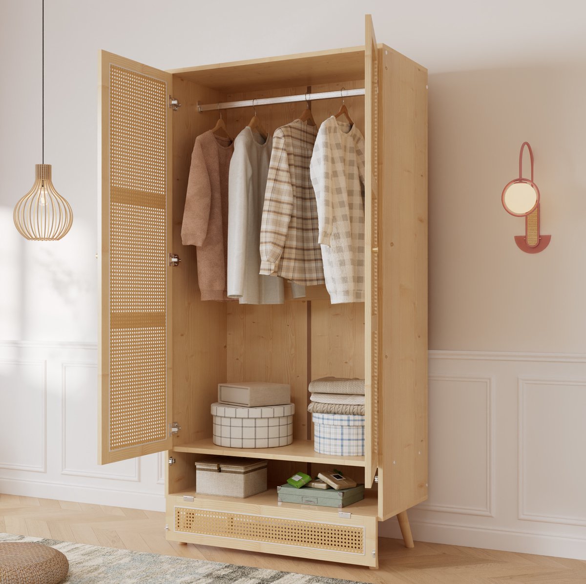 MIVRAY Kledingkast - 2 Deuren Met Hangroede En Klepvak - Voor Slaapkamer Of Woonkamer - Spaanplaat En PE-Rotan - 90x45x183 Cm - Naturel