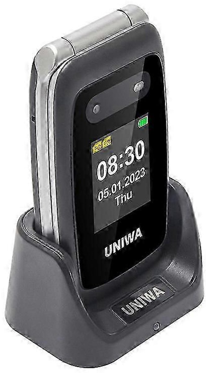 Uniwa V202T senioren telefoon 4G - Batterij – Bluetooth 5.0 - Camera - Senioren mobiel - Senioren gsm - Met SOS noodknop – Klaptelefoon - Grote toetsen - Grotere iconen - 4G SIM - Docking Station - Luid geluid - FM-Radio -Zaklamp – Usb C