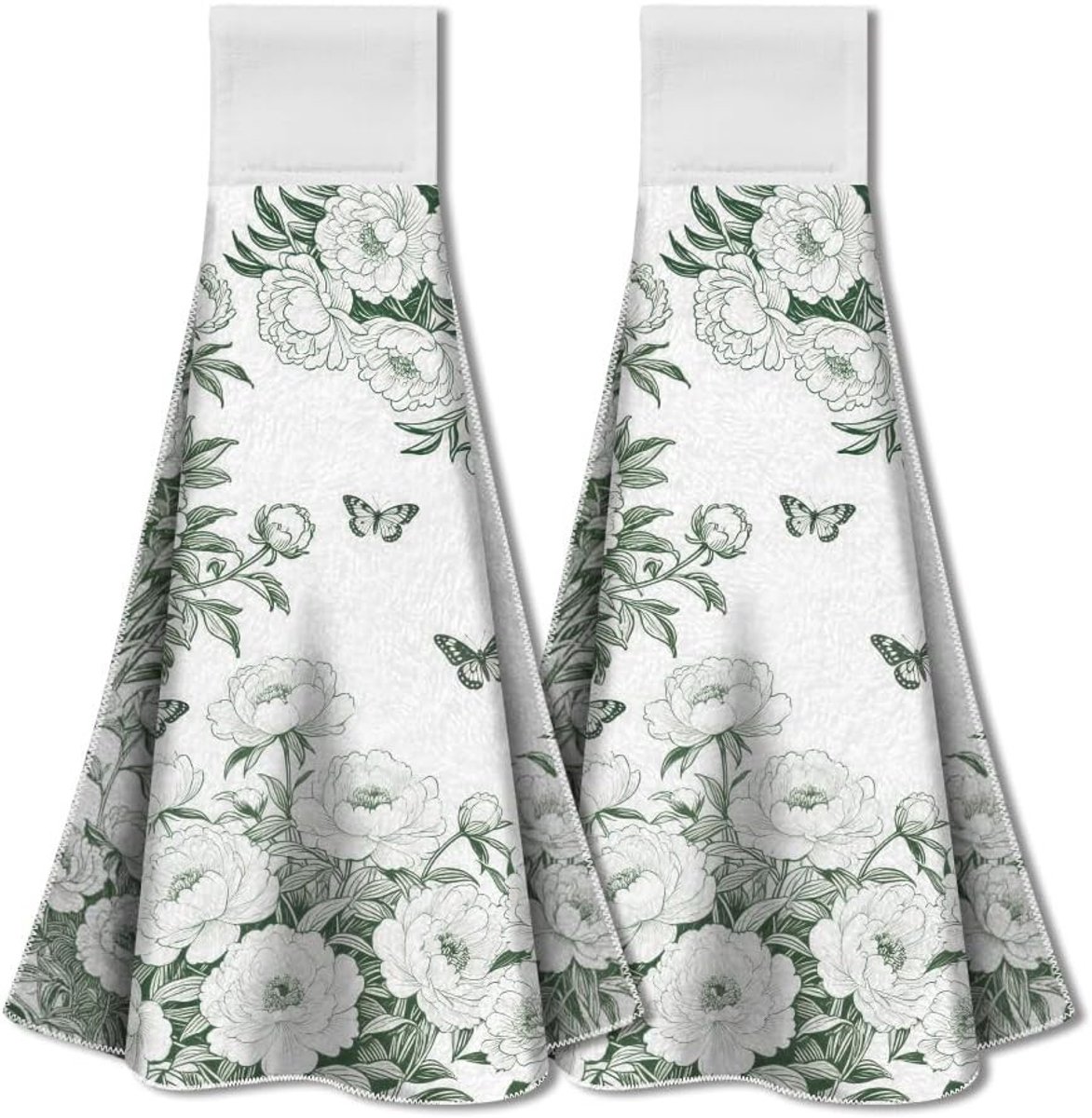 Set van 2 Chinoiserie Groene Keukenhanddoeken met Ophanglus - Zachte, Absorberende Theedoeken met Pioenrozen en Zomerbloemen voor Boerderijstijl en Huiswarming Geschenk, 34.5 x 31.5 cm