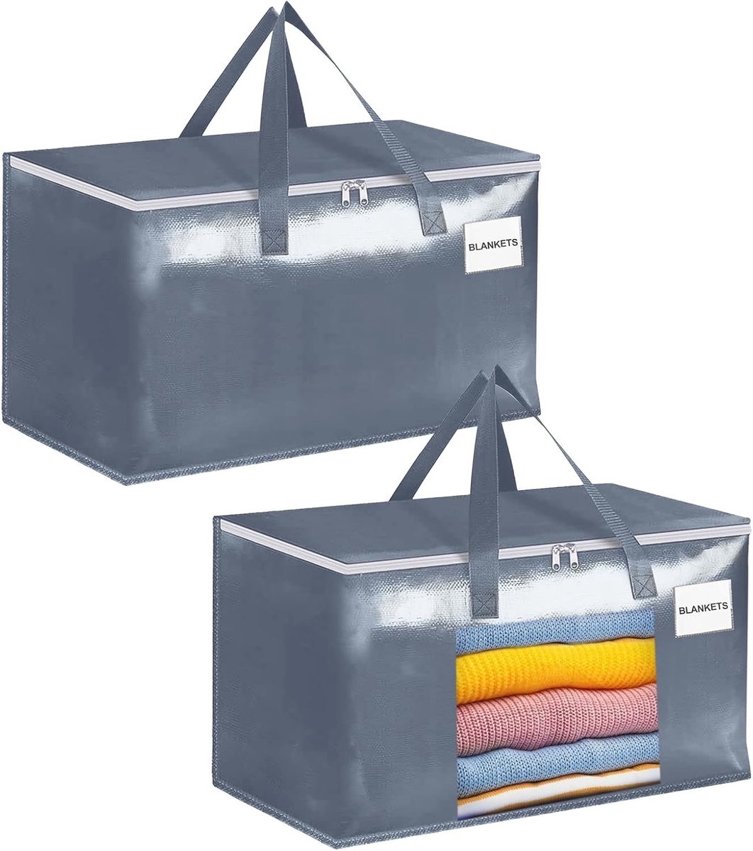 Grote waszakken met rits en labels, 105L, stevige opbergzakken voor kleding, reizen en tuinaccessoires, 2-pack