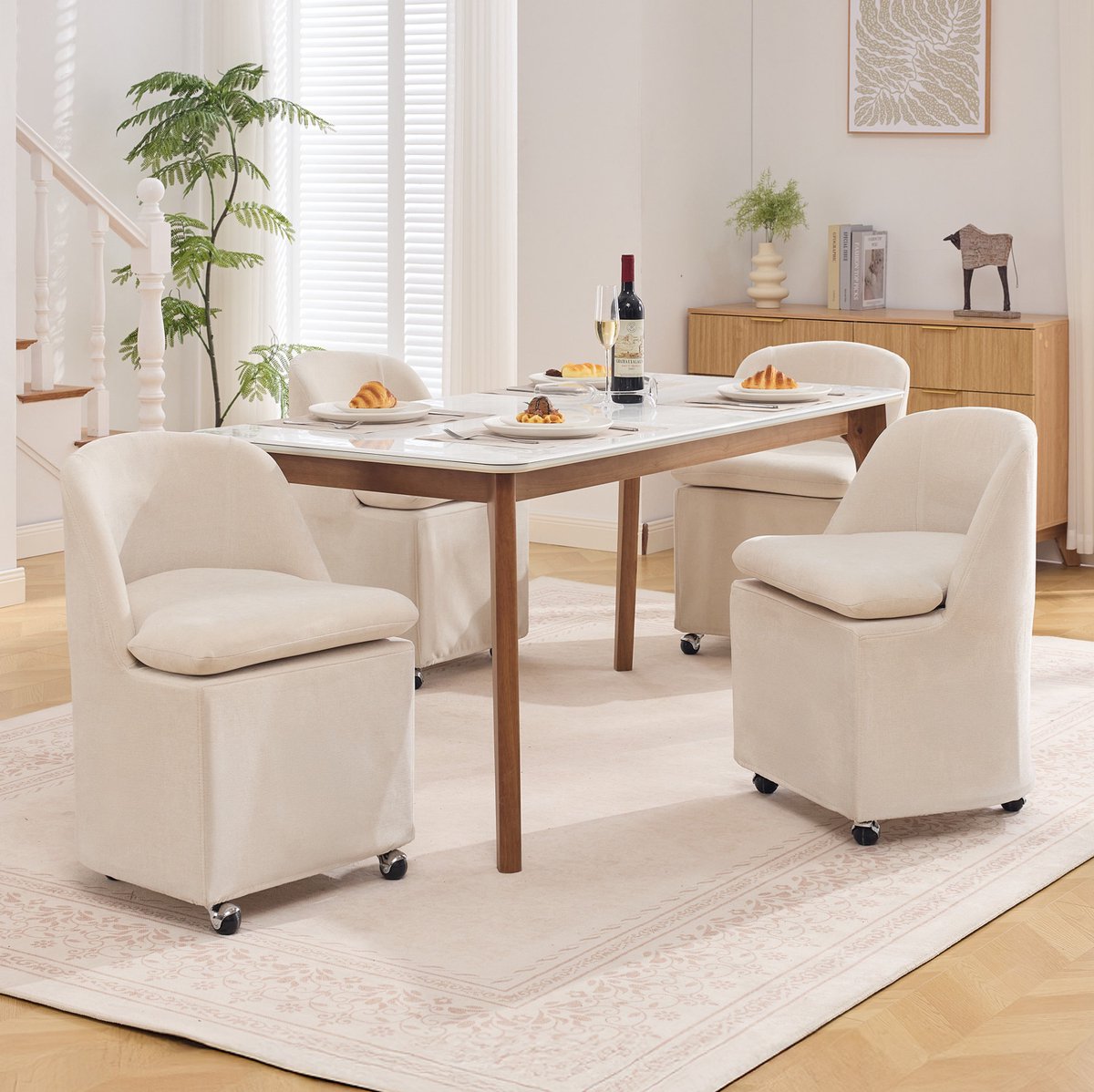 MIVRAY Eetkamerstoel - 53 x 53 x 78,5 cm - 360 Graden Draaibaar Met Universele Wielen - Voor Eetkamer En Werkplek - Chenille Beige