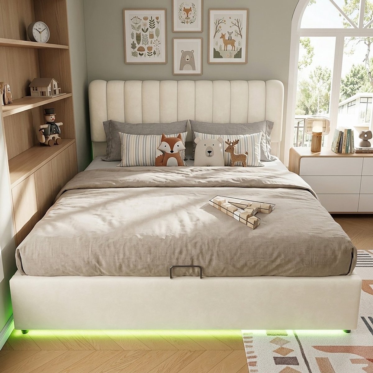 KOMHTOM Kinderbed - Opbergruimte - Hydraulische Gasveer - 3 Lades - LED Verlichting - Gestoffeerd - Fluweel - Beige - Jeugdbed - 140x200 cm
