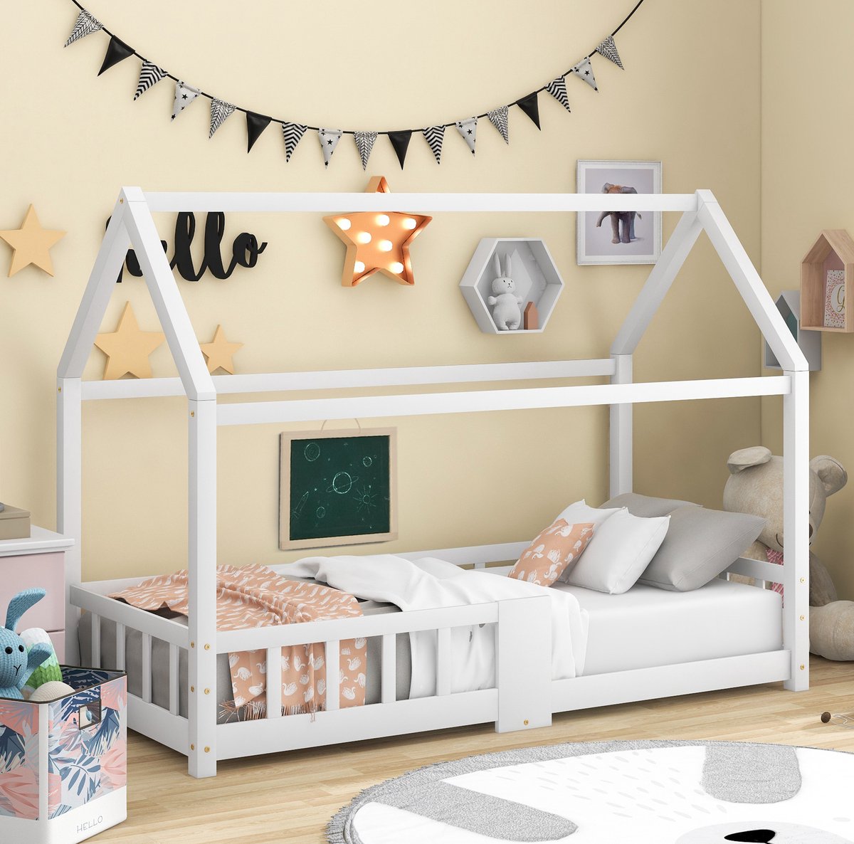MEUNIQ kinderbed huisbed 90 x 200 cm met lattenbodem, uitvalbeveiliging en krijtbord, bedframe voor kinderkamer, grenenhout en MDF, wit