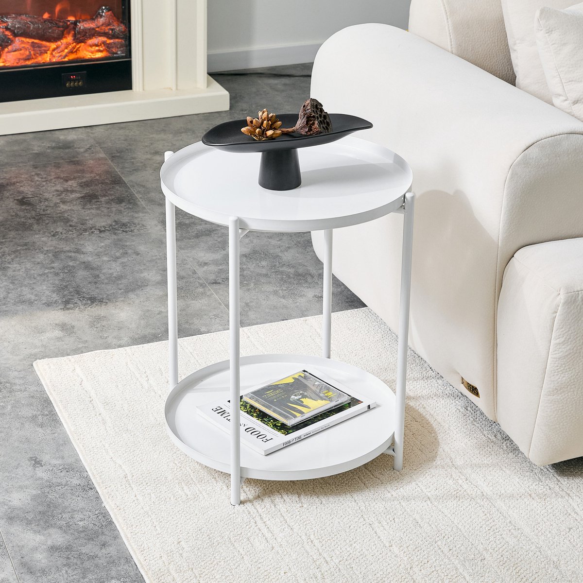 STILVORA Bijzettafel - Rond Tweelaags Design Met Open Opbergruimte - Scandinavisch Voor Woonkamer En Slaapkamer - Metaal En MDF - Wit - 42x52 Cm