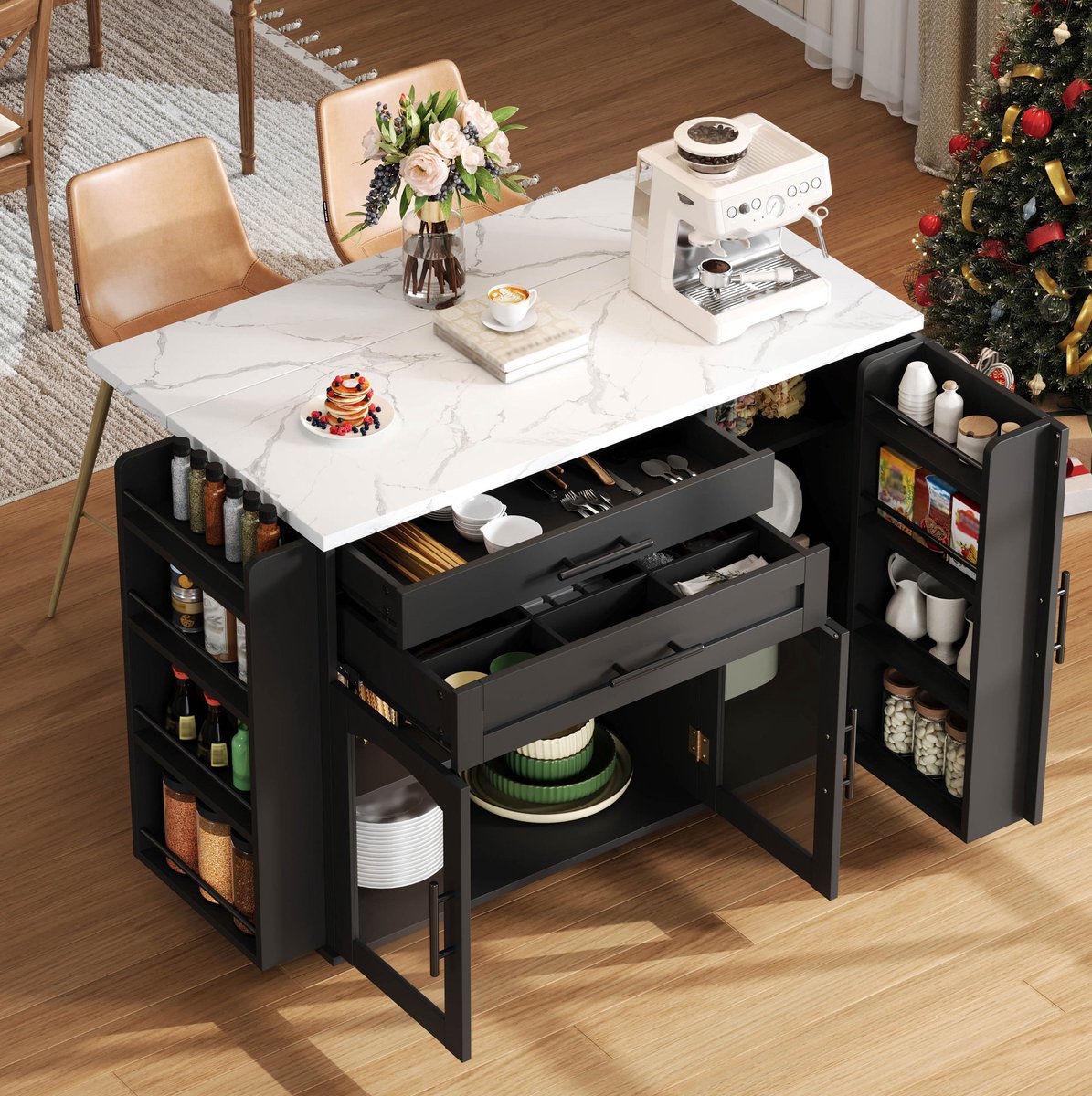 DESMIU Keukenkast - Mobiel Keukeneiland Met Klapbaar Werkblad En Wielen - Voor Keuken En Eethoek - MDF - 120x45 70x90 Cm - Zwart