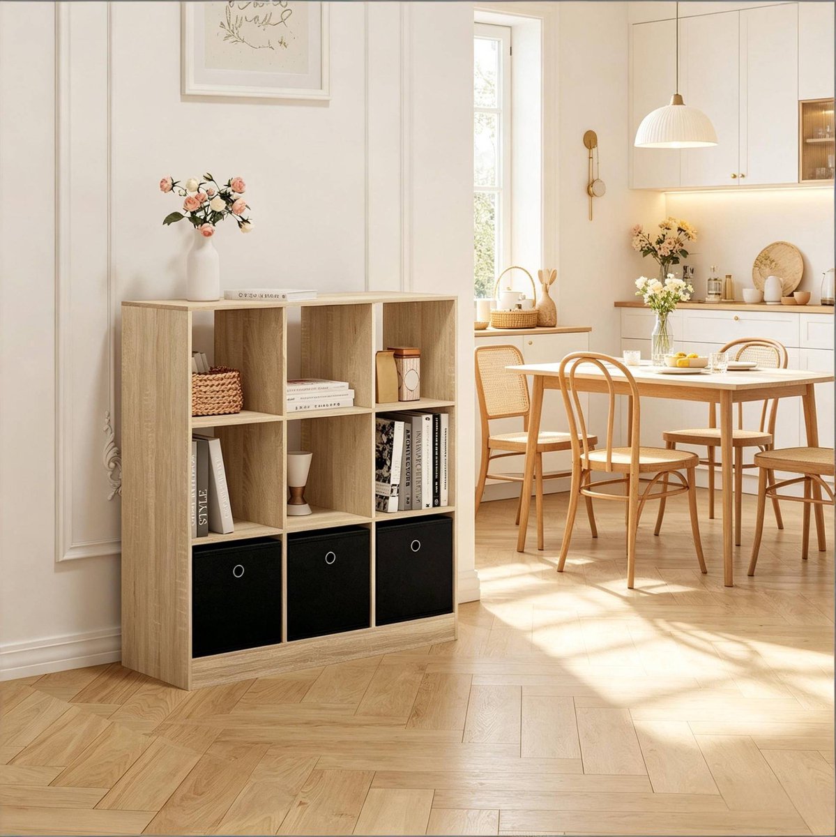 HAUSS SPOLE Boekenkast - Open Kubusrek Met 3 Stoffen Laden - Vrijstaand Voor Woonkamer Of Kantoor - Hout En Stof - 80x86,5x30 Cm - Zwart Licht Eiken