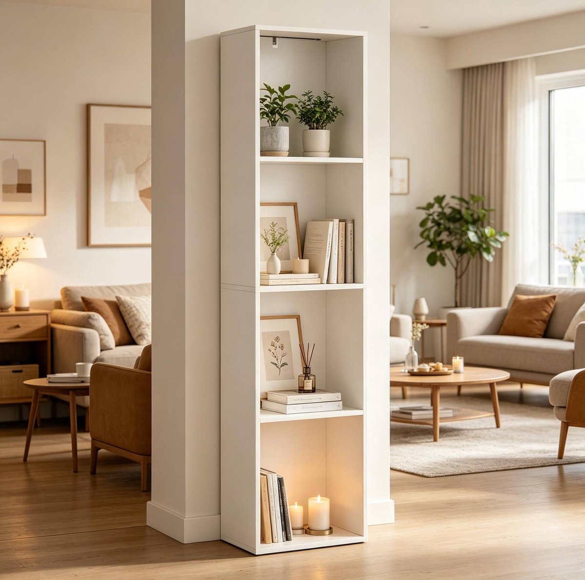 HAUSS SPOLE Boekenkast - Open Staande Kast Met RGB Verlichting En 4 Vakken - Voor Woonkamer Slaapkamer En Werkkamer - Wit - 40x29x170 Cm