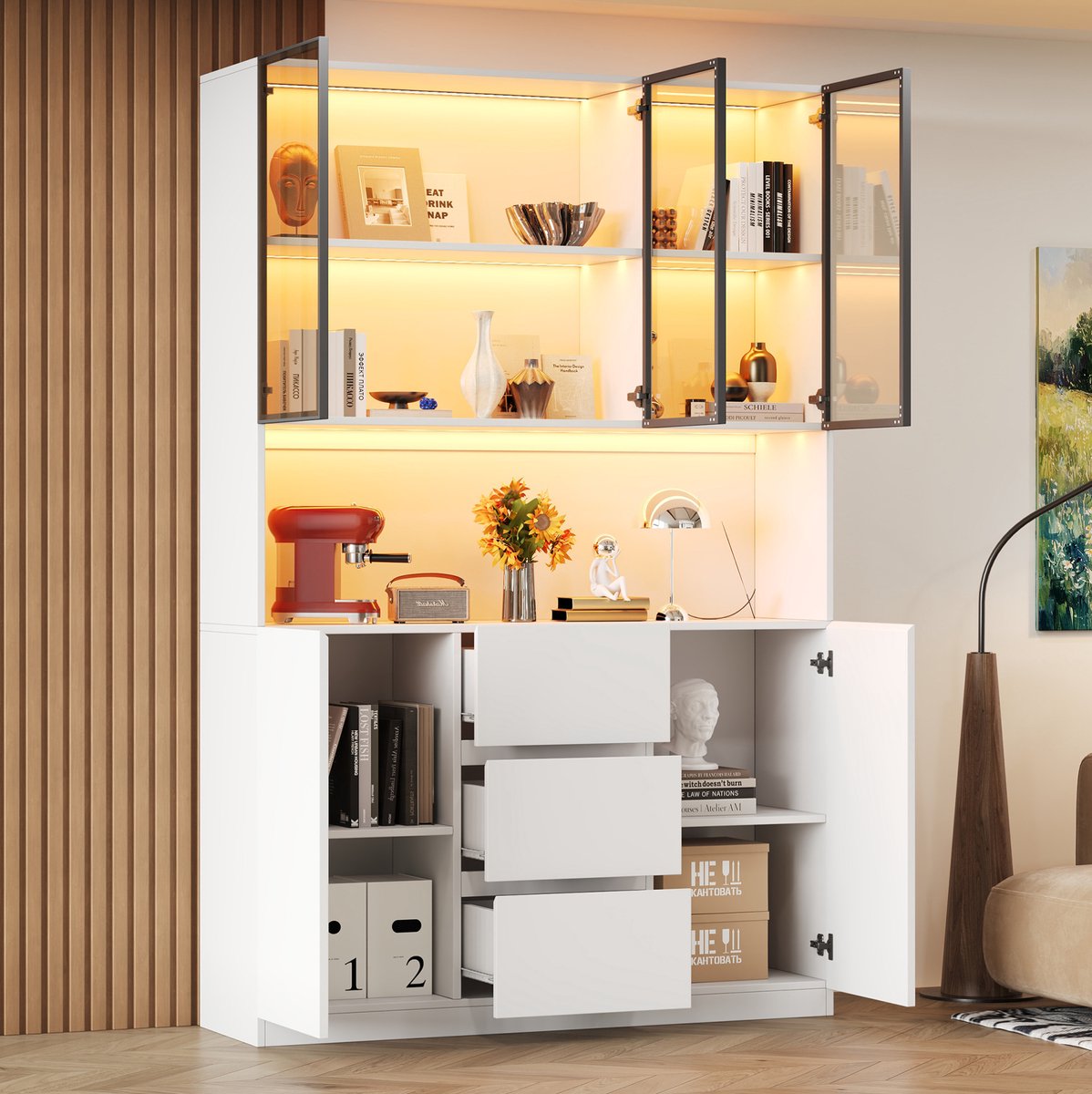 MIVRAY Vitrinekast - Glazen Vitrinekast Met Instelbare LED-Verlichting En 3 Lades - Voor Woonkamer En Eetkamer - MDF Wit - 120x40x200 Cm