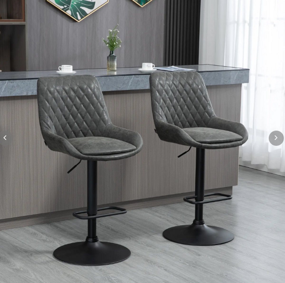 MEUNIQ barkruk set van 2 hoogteverstelbaar 63-83 cm met rugleuning armleuningen en voetsteun, kunstleer donkergrijs voor keuken en bar