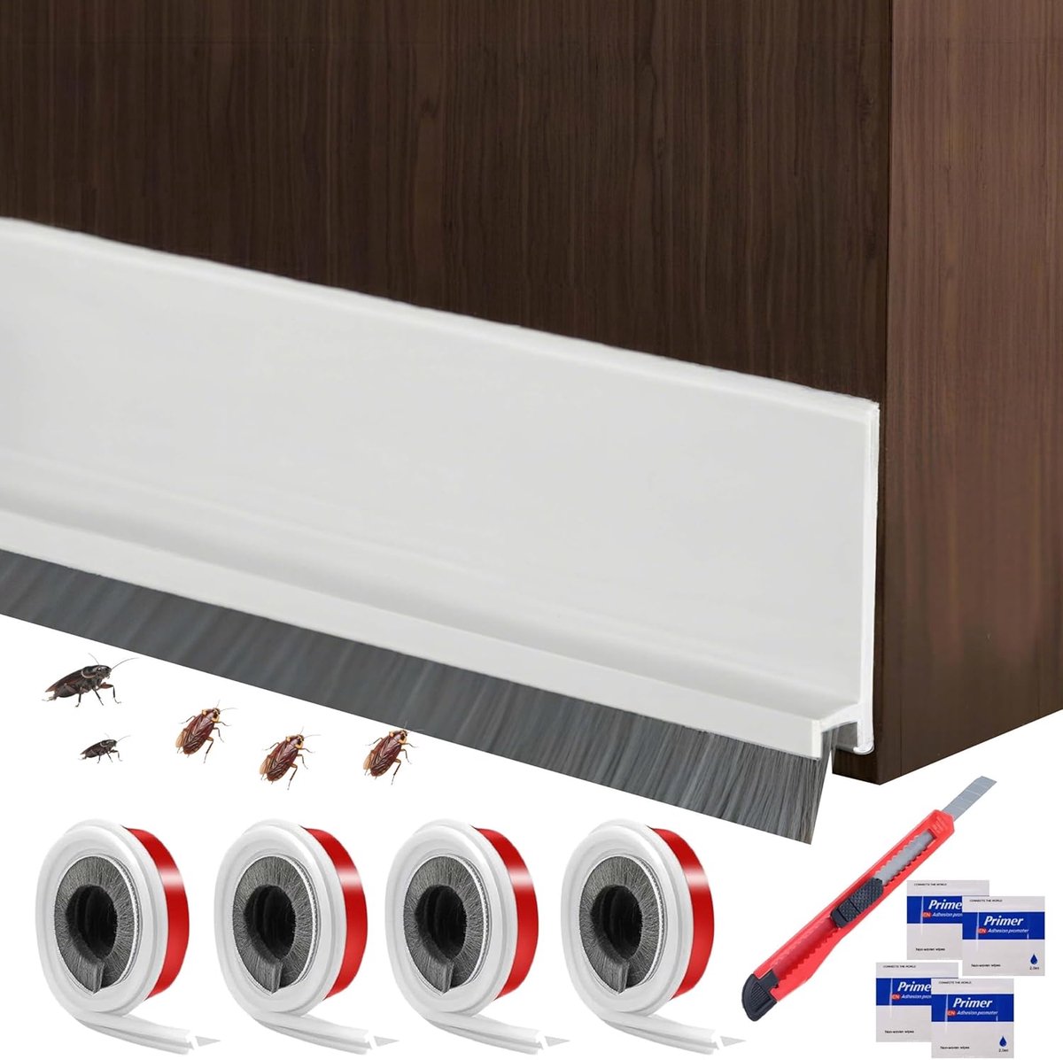 SnelShoppen - Pack van 4 zelfklevende deurborstels 100x3 cm - witte deurseals tegen tocht, insecten en stof - snijdbaar en eenvoudig te installeren