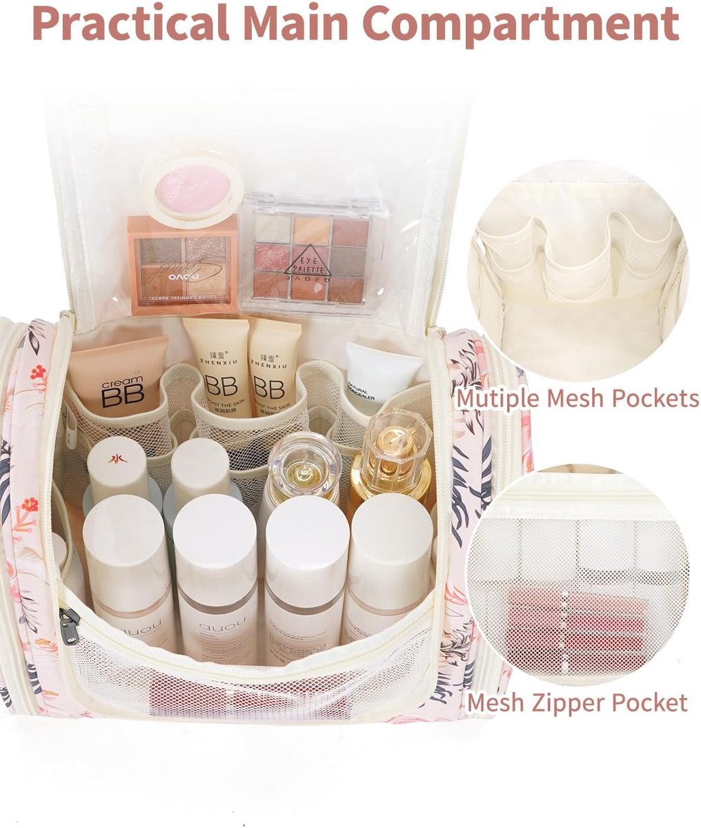 Thijox - Grote Hangende Reistoilettas voor Make-up en Cosmetica voor Vrouwen, Meisjes, Kinderen - Beige Flamingo - Ideaal voor Vakantie, Camping, en T