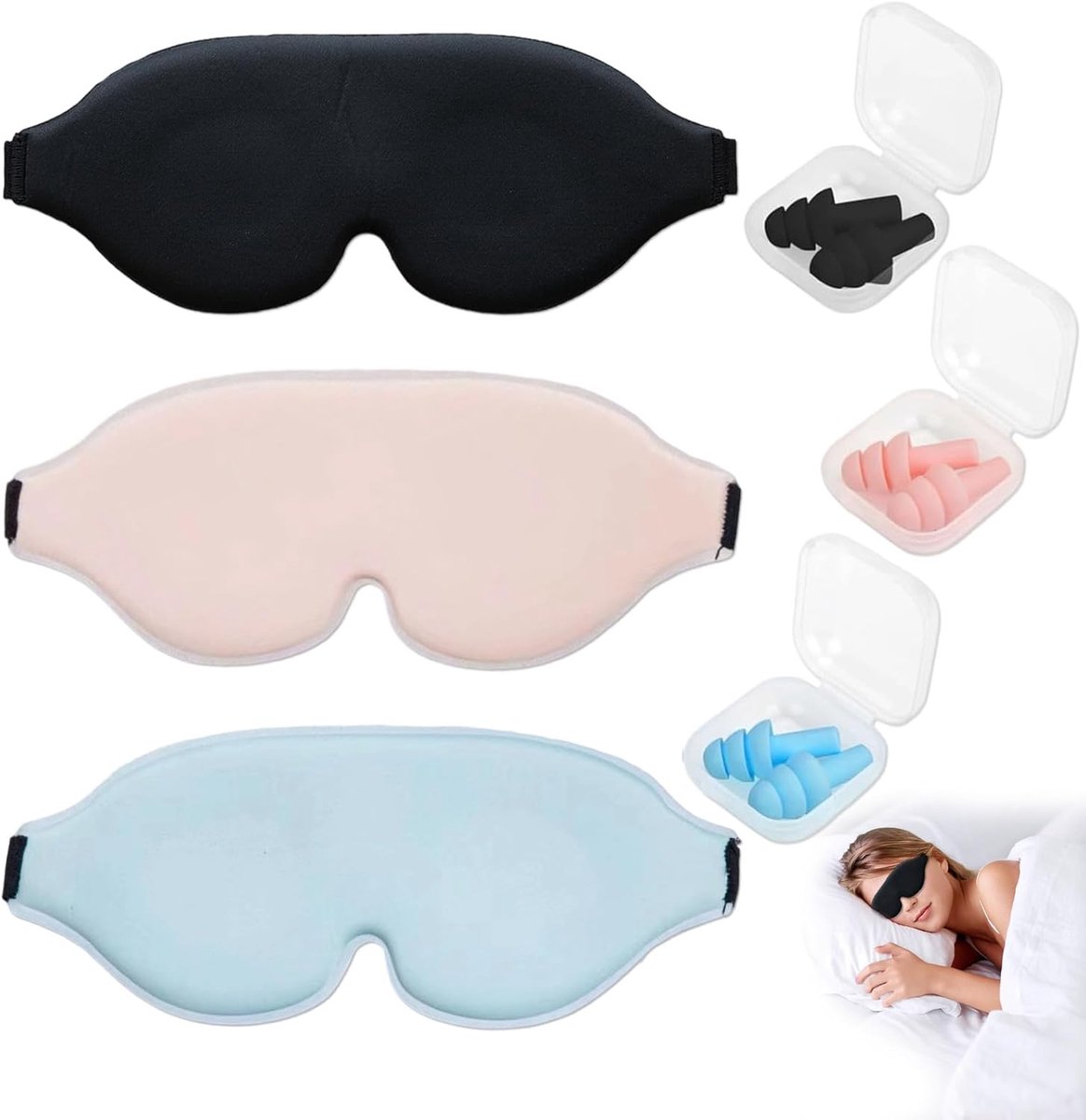Thijox - Slaapmasker Mannen Set - 6-delige Combinatie met 3x Memory Foam Oogmaskers Zwart Roze Blauw + 3 Paar Zachte Oordoppen met Opbergdoos - Ideaal