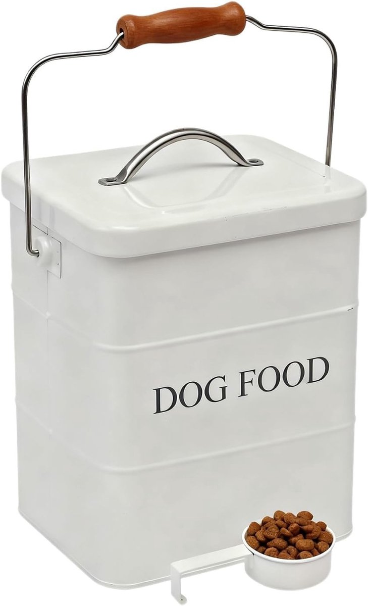 Airtight metalen voedercontainer voor honden, 5 LB, met houten handvat en lepel, ideaal voor droogvoer, snacks en hondenkoekjes - Vintage opslagoplossing voor huisdieren