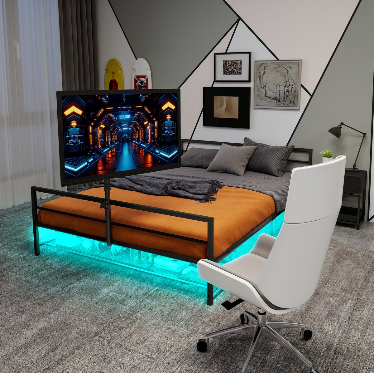 FloraGrace Metalen Bed 90x200 cm - Gaming Bed Met Verstelbare Monitorhouder En LED Verlichting - Met Opbergmand - Eenpersoons - Zwart - Zonder Matras