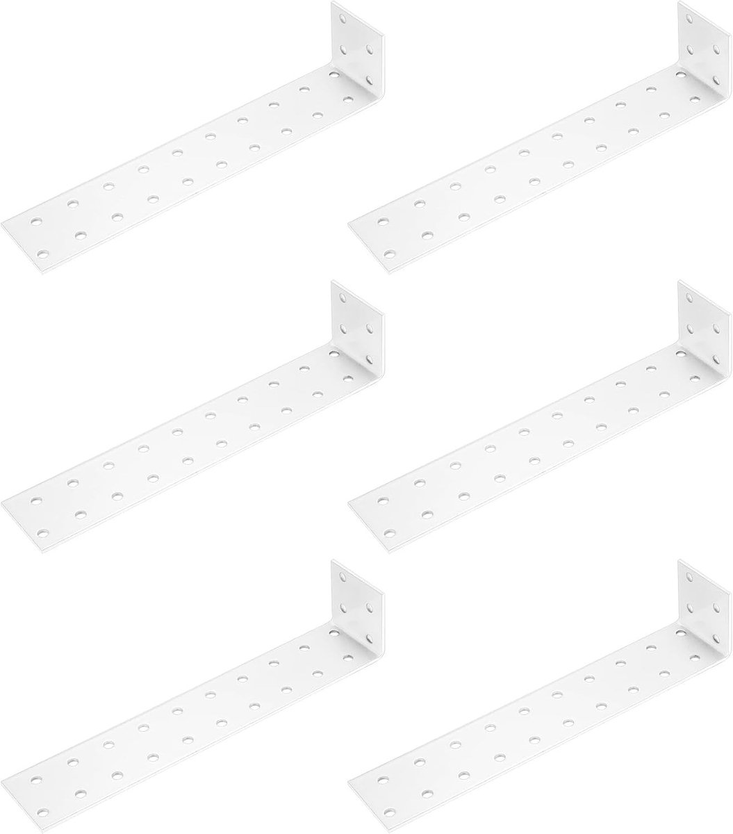 Set van 6 rechte hoekbeugels voor hout en metaal, stevige 90 graden L-beugels voor verbindingen, wit, 19.8 x 3.5 x 3.5 cm, ideaal voor meubelconstructie en klussen