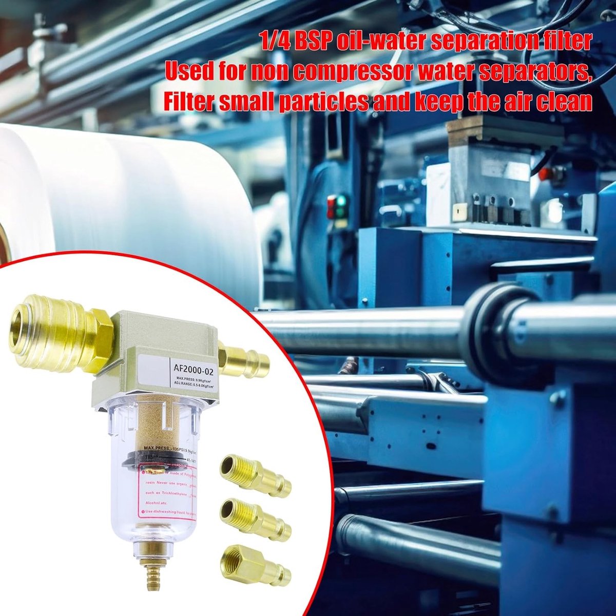 Water-olie afscheider 1/4 inch voor perslucht met 4 snelle koppelingen en Teflon filter voor compressor, ideaal voor luchtcompressoren en luchtbehandeling – foto 2