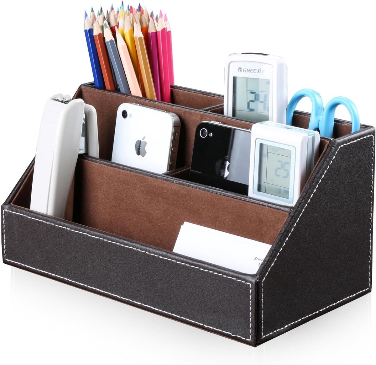 Houten Multifunctionele Bureau Organizer van Leer met Diverse Compartimenten - Bruin