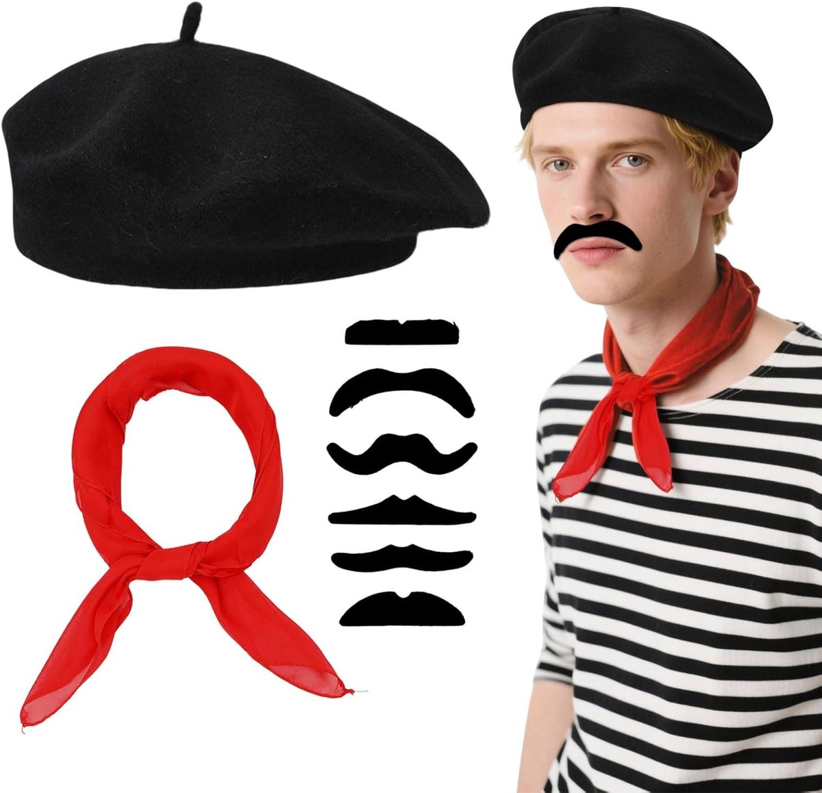 8-delig Franse kostuumaccessoireset voor volwassenen met baret, snor en sjaal - Perfect voor themafeesten en verkleedpartijen