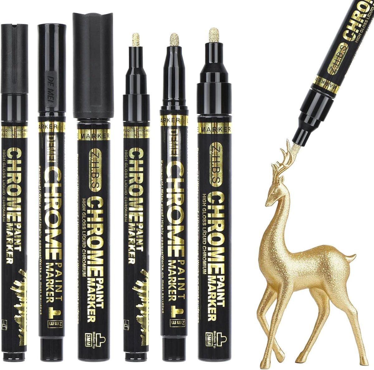 Thijox - 6 stuks Chrome Vernis Markers, Gouden Metallic Permanente Markers, Waterbestendige Oliebasis Markers, Reflecterend voor Creativiteit en DIY P