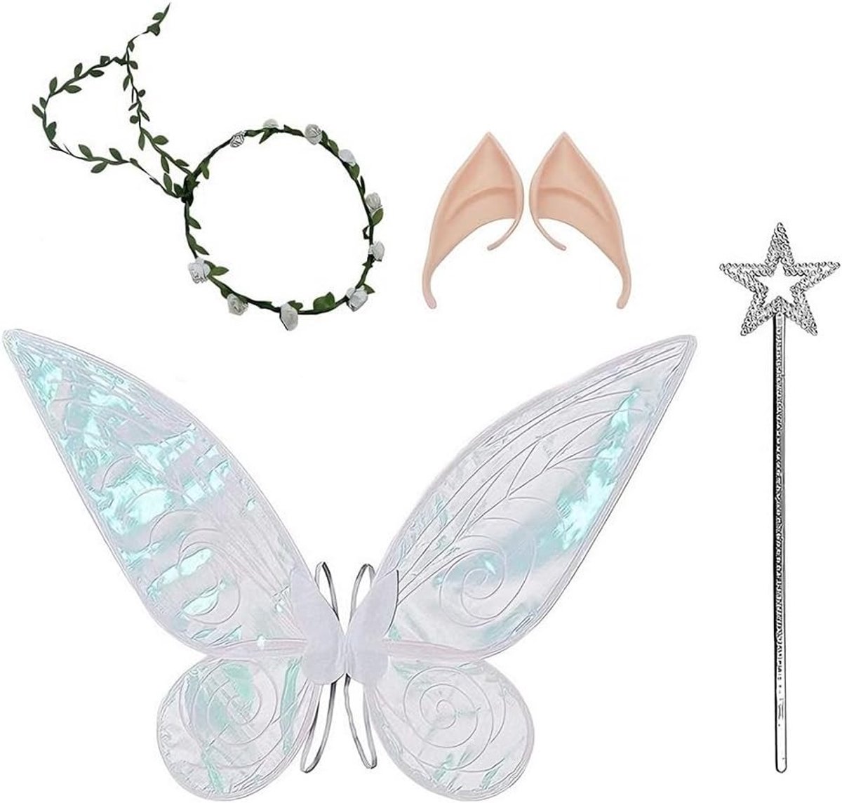 Feeënvleugels voor volwassenen met elfenoren en bloemenhoofd, perfecte set voor kostuum, carnaval, Halloween en cosplay feestjes