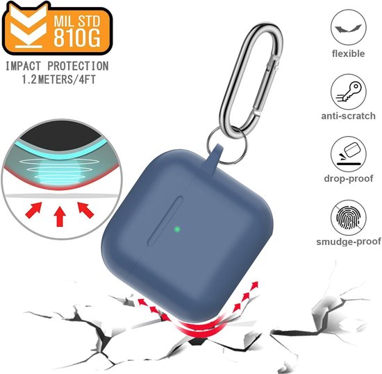 hoes voor AirPods 4 2024, beschermende siliconen Case voor AirPods 4e 2024 Skin Front LED zichtbare siliconen cover met karabijnhaak, Middernachtblauw — afbeelding 2