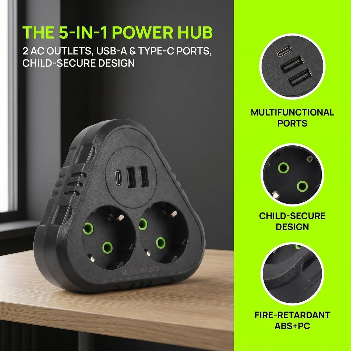 Snellader, intelligent stopcontact en stekkerdoos met USB C, meervoudig stopcontact voor keuken en kantoor - ShopVlot