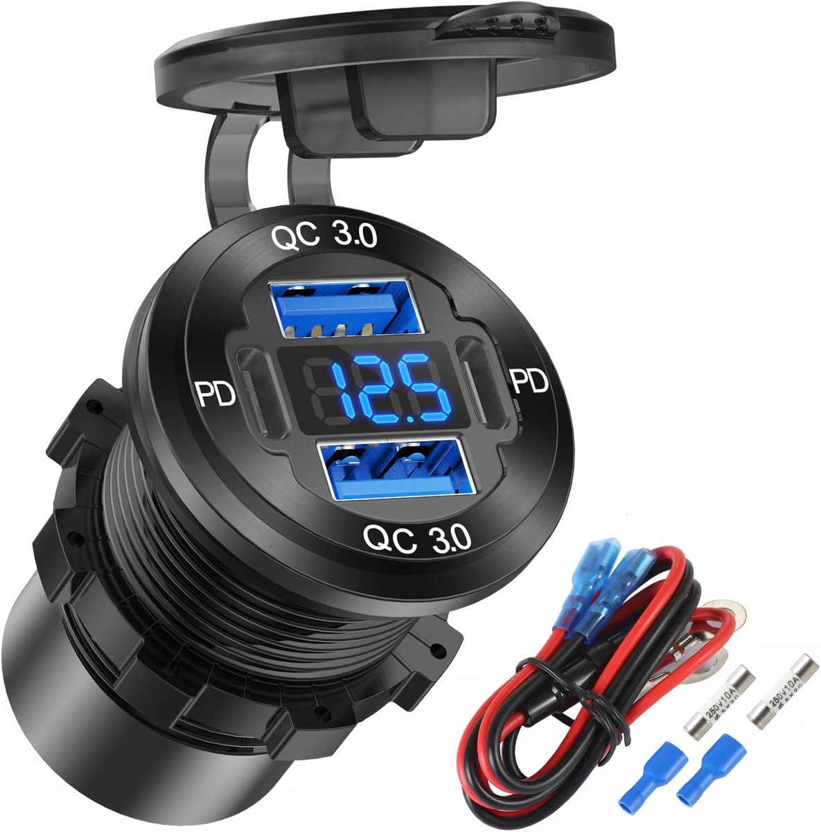Thijox - Verbeterde 4-poorts 12V USB-aansluiting Aluminium Oplader met 78W Dubbele PD & QC, Meerdere USB-poorten voor Auto, Waterdicht, Ideaal voor Ca
