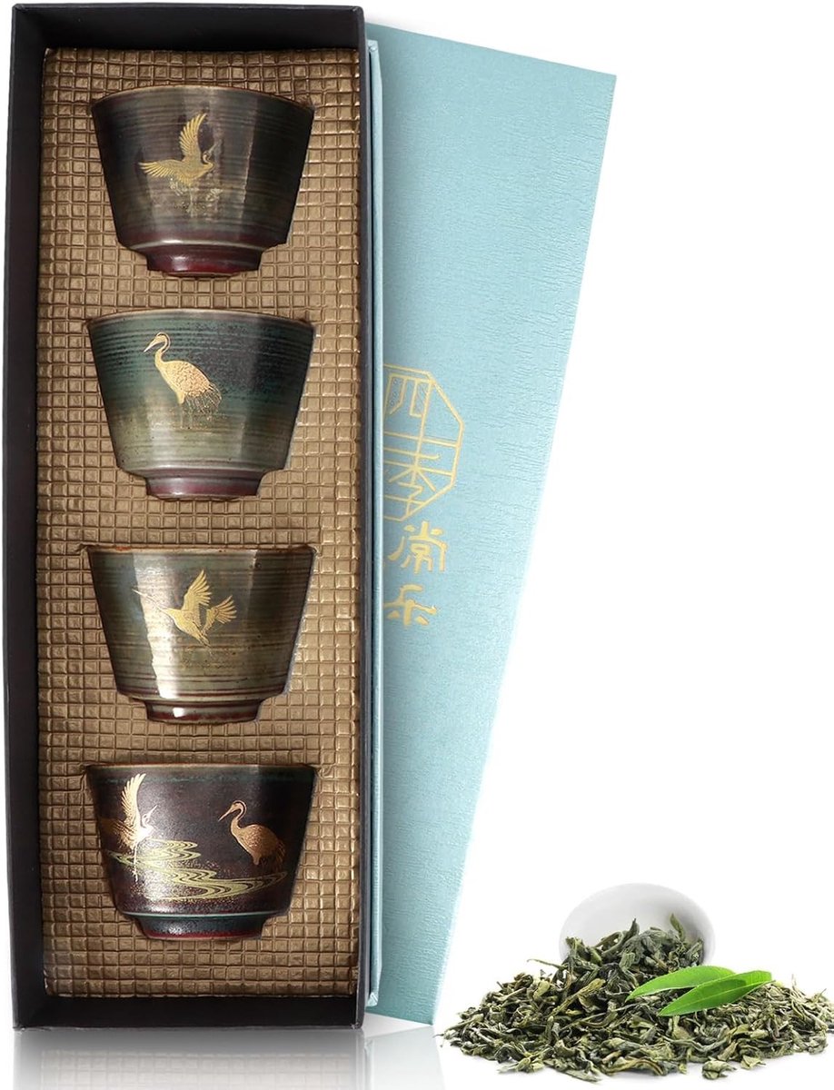 Set van 4 Retro Theekopjes van Keramiek, Japanse Stijl Theemokken, Perfect als Cadeau voor Theeliefhebbers
