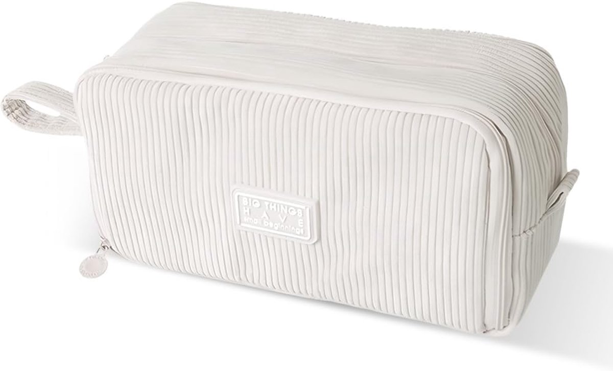 Thijox - Etui met grote capaciteit, corduroy pennenzak met 3 vakken, veelzijdige schooletui, organizer voor kantoor of make-uptas in beige voor mannen