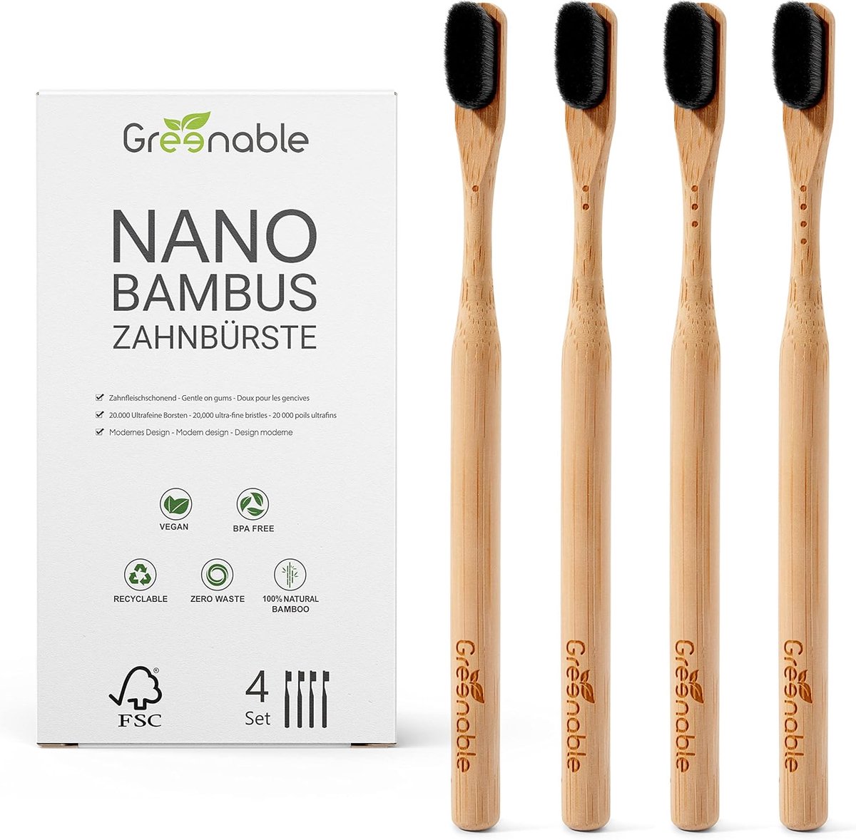 Thijox - Greenable ® Nano Bamboe Tandenborstel Set van 4, 20.000 Extra Zachte Borstelharen, 100% BPA-vrij, Vegan & Milieuvriendelijk, Zwart